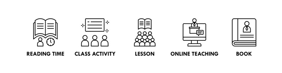 Teaching banner web icon illustration concept with icon of reading time, class activity, lesson, online teaching, and book