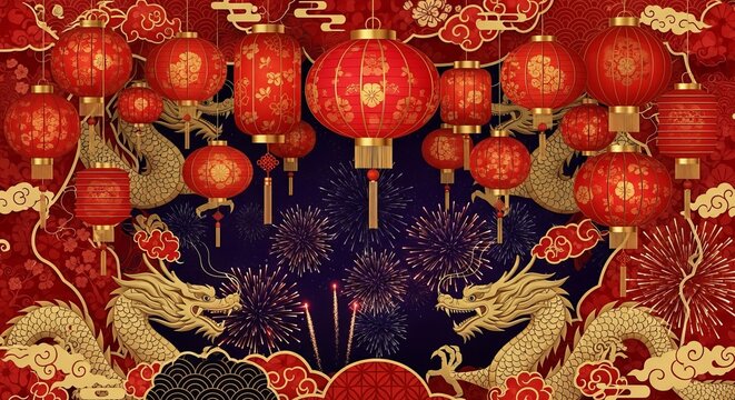 Vibrant chinese new year celebration with red lanterns, golden dragons, and fireworks - Powered by Adobe