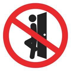Isolated illustration of a stick figure silhouette leaning on a door with a red line for a sign prohibiting leaning on the door