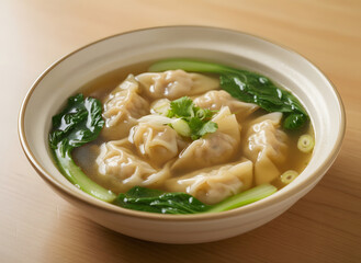 Beef wonton soup or Beef dumplings soup with vegetable - Asian food style. AI Generative.