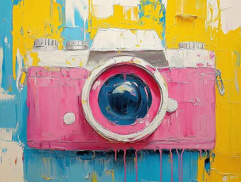 A vibrant acrylic painting of a vintage camera, painted with expressive brush strokes and dripping neon paint