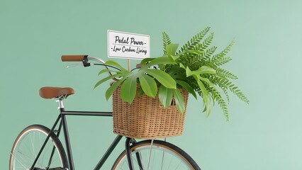 Concept of sustainable living with a classic bicycle carrying a fresh green plant in its basket
