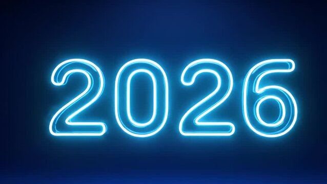 Bright blue neon light numbers representing the future year 2026