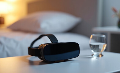 Virtual reality headset on bedside table with glass of water, cozy evening lighting, technology and relaxation concept in modern bedroom.
