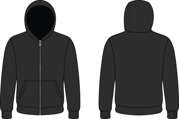 Black men's full zip-up hooded jacket technical fashion flat sketch vector template, front and back view, with metal zipper, split pouch pocket, and ribbed cuffs and hem © Merajul