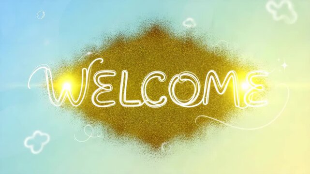 A cheerful welcome message with a lemon replacing the o on a gradient background with cloud doodles