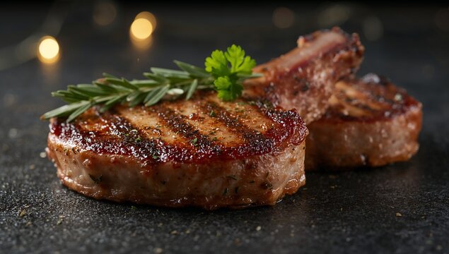 Grilled pork chops with rosemary and parsley on a dark surface