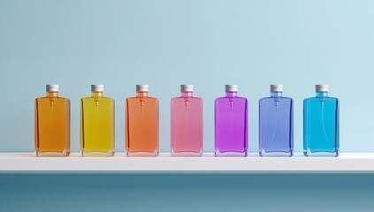 Colorful liquid dispenser bottles on a shelf against blue wall