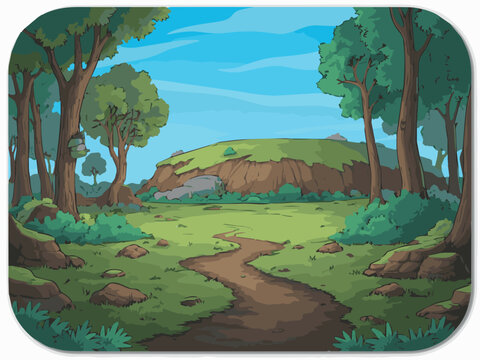 Scenic landscape illustration of a cartoon forest path leading to a grassy hill under a blue sky art