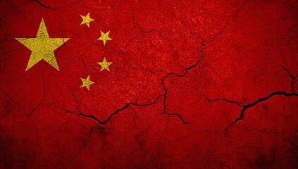 Cracked and weathered chinese flag texture symbolizing resilience.
