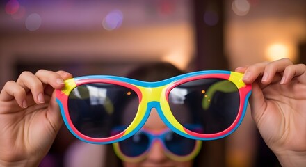 Person holding up large, colorful novelty sunglasses.