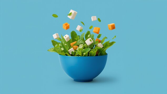 Healthy fresh salad, cheese and carrots falling into blue bowl