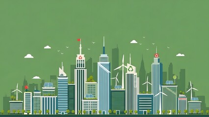 Sustainable Cityscape with Wind Turbines and Green Buildings