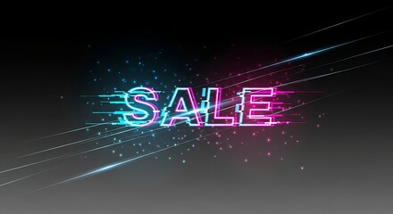 Neon glitch effect sale text with vibrant blue and pink lights on dark background