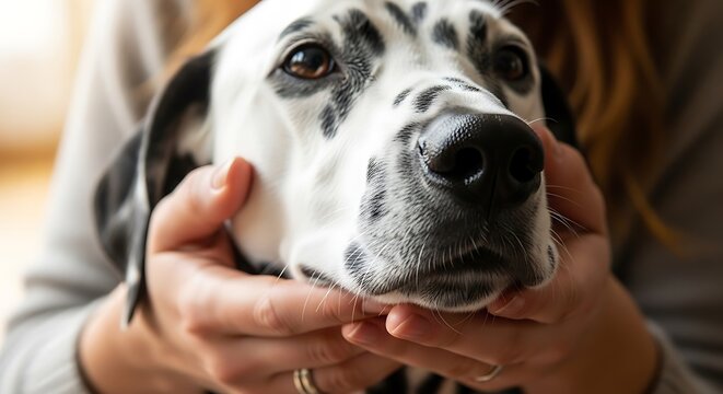 Affectionate human hands gently holding the head of a beautiful Dalmatian dog.