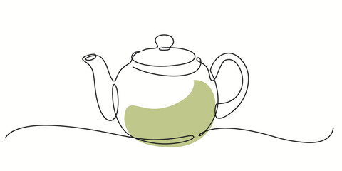 Green Tea pot one line drawing. Green Tea pot single line illustration. Green Tea pot minimalist line art