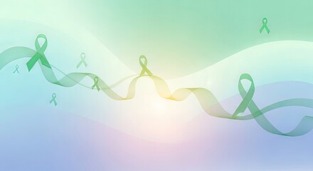Green ribbons flowing on a gradient background, symbolizing awareness and support
