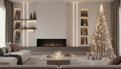 Naklejka premium Minimal modern living room with illuminated fireplace and elegant lit Christmas tree creating cozy warm holiday ambiance