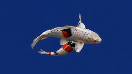 Two elegant white and orange koi fish gracefully swim in clear blue water