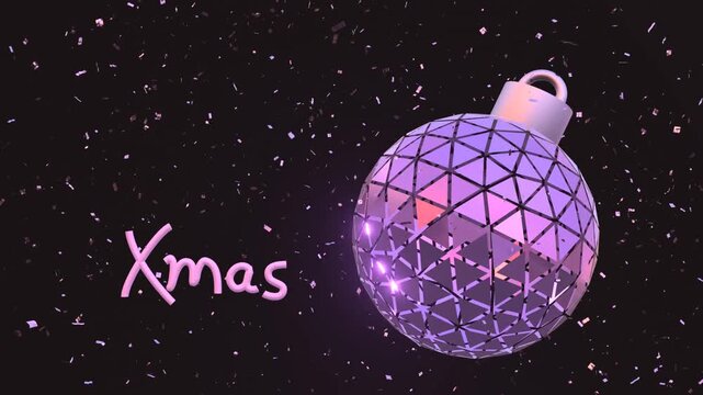A giant pink and purple metallic ornament,  rotates 360 degrees amidst a shower of countless falling reflective confetti.