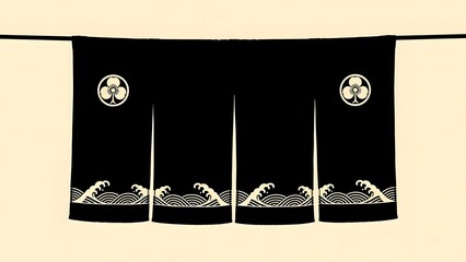 Elegant Japanese Noren Curtain Adorned with Traditional Family Crests and Dynamic Wave Patterns, Reflecting Cultural Heritage