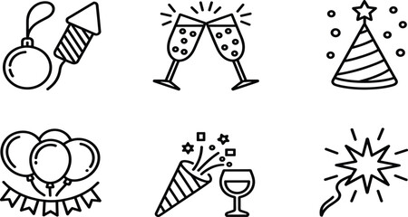New Year and Party Celebration Line Icons Set; Champagne, Hat, Rocket, Sparkler, Balloons Vector Graphics