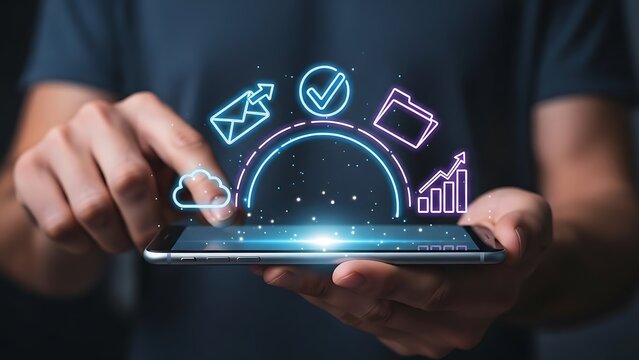 Mobile technology connecting users to diverse digital services and data.