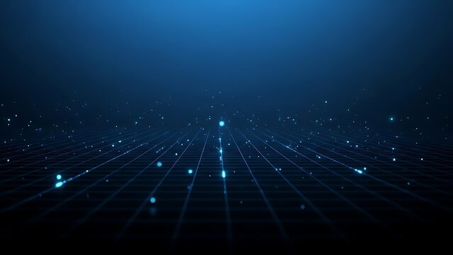 Blue abstract technology grid with glowing particles for digital data flow.