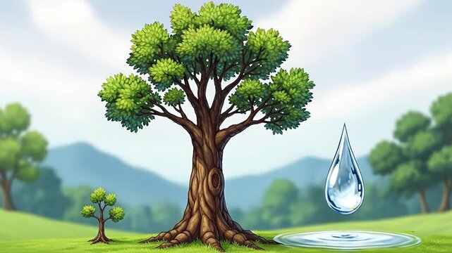 Pixel Art Illustration of Large Tree with Water Droplet and Small Sapling in Green Meadow