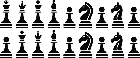 Classic black chess pieces arranged in two neat rows against a clean white background for strategic games