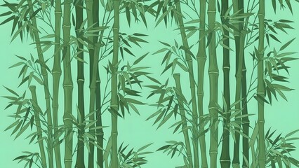 Lush green bamboo forest grove with leaves on a seamless pattern background illustration