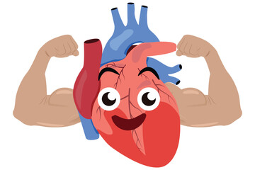 Cute strong heart character flexing muscular arms promoting health and fitness. eps 10