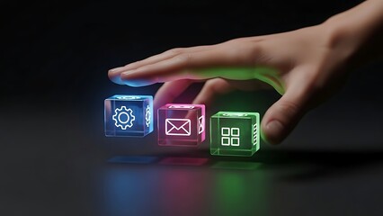 Hand interacting with glowing digital cubes, selecting services or applications.