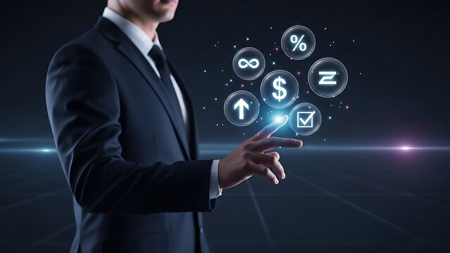 Businessman touching virtual finance icons, digital investment, economic growth.