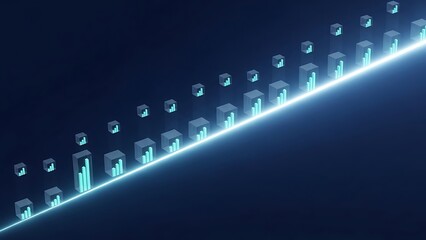 Digital data growth visualization with glowing bar charts and upward trend.