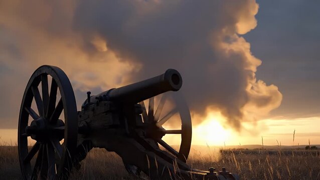 Silhouette of an antique cannon firing smoke on a field at sunset