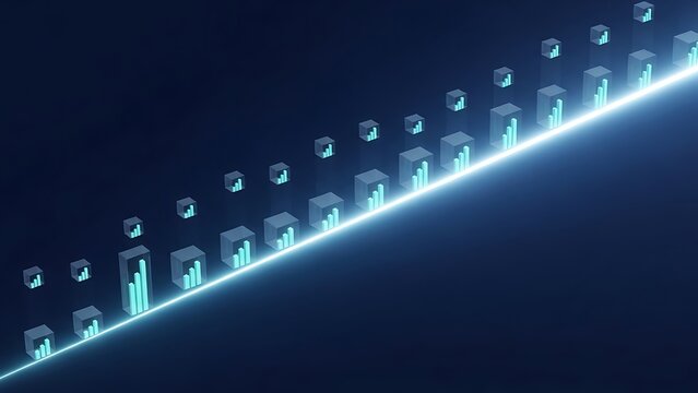 Digital data growth visualization with glowing bar charts and upward trend.