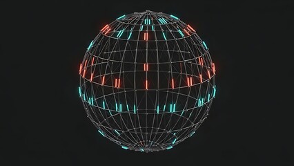 Futuristic glowing wireframe globe sphere with neon lights data network grid art.