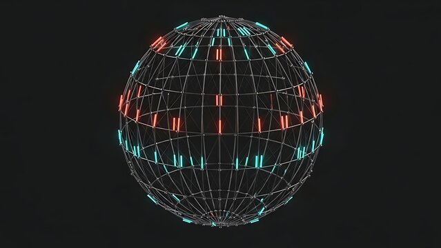 Futuristic glowing wireframe globe sphere with neon lights data network grid art.