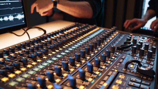 Audio engineer performing sound mixing in a recording studio, adjusting multiple faders and knobs on a large analog mixing console for music production - Powered by Adobe