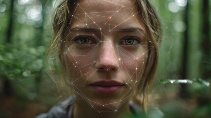 Close up of woman with face tracking technology overlay in a green forest environment outdoors