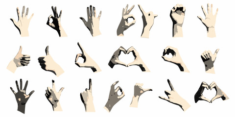 Collection of hand gestures in stylized illustration on white background