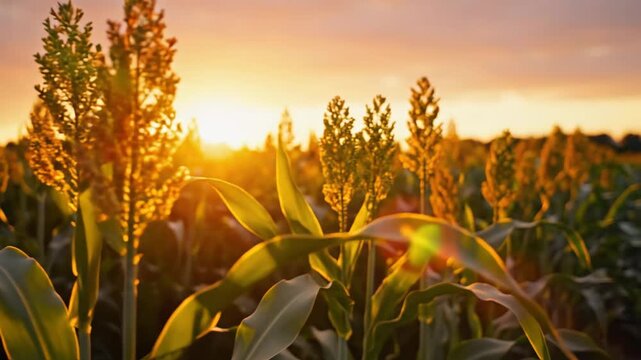 Golden Hour Sorghum Field: Cultivating Grain Crops at Sunset for Flour and Livestock Feed