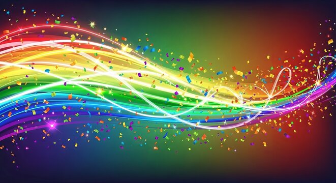 Vibrant rainbow light trails with sparkling confetti against dark background