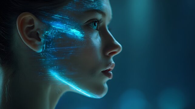 Profile of a woman with glowing blue digital effects on her face in a futuristic setting backdrop