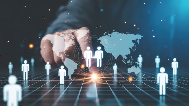 Global Networking: A person's hand interacting with a digital network map, showing the essence of global networking, connectivity, and collaboration in business and communication. - Powered by Adobe