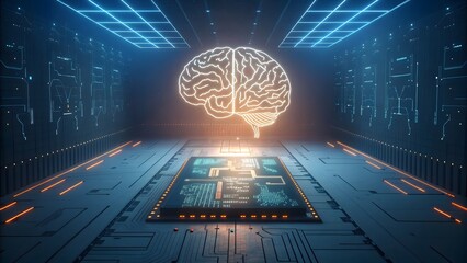Artificial intelligence brain with circuit board, futuristic technology concept, digital mind, machine learning, neural network, and data processing