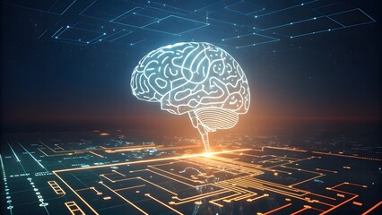 Artificial intelligence brain with circuit board, futuristic technology concept, digital mind, machine learning, neural network, and data processing