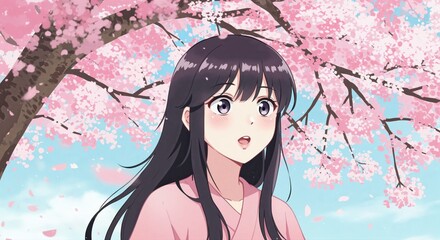 Cherry Blossom Serenity: A young woman is enraptured by the beauty of a blooming cherry blossom tree. Delicate pink petals cascade around her, a scene of natural wonder and tranquility.
