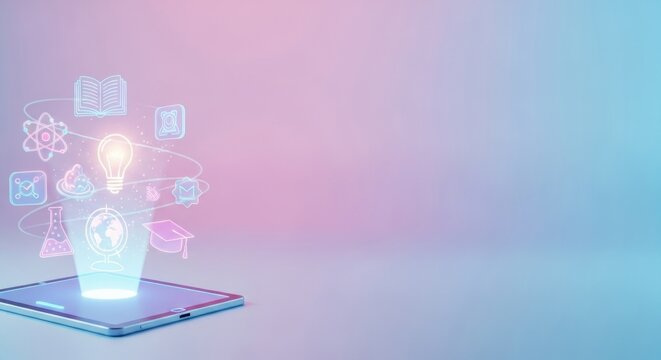 Tablet with light bulb and educational icons floating above it, symbolizing e learning.
